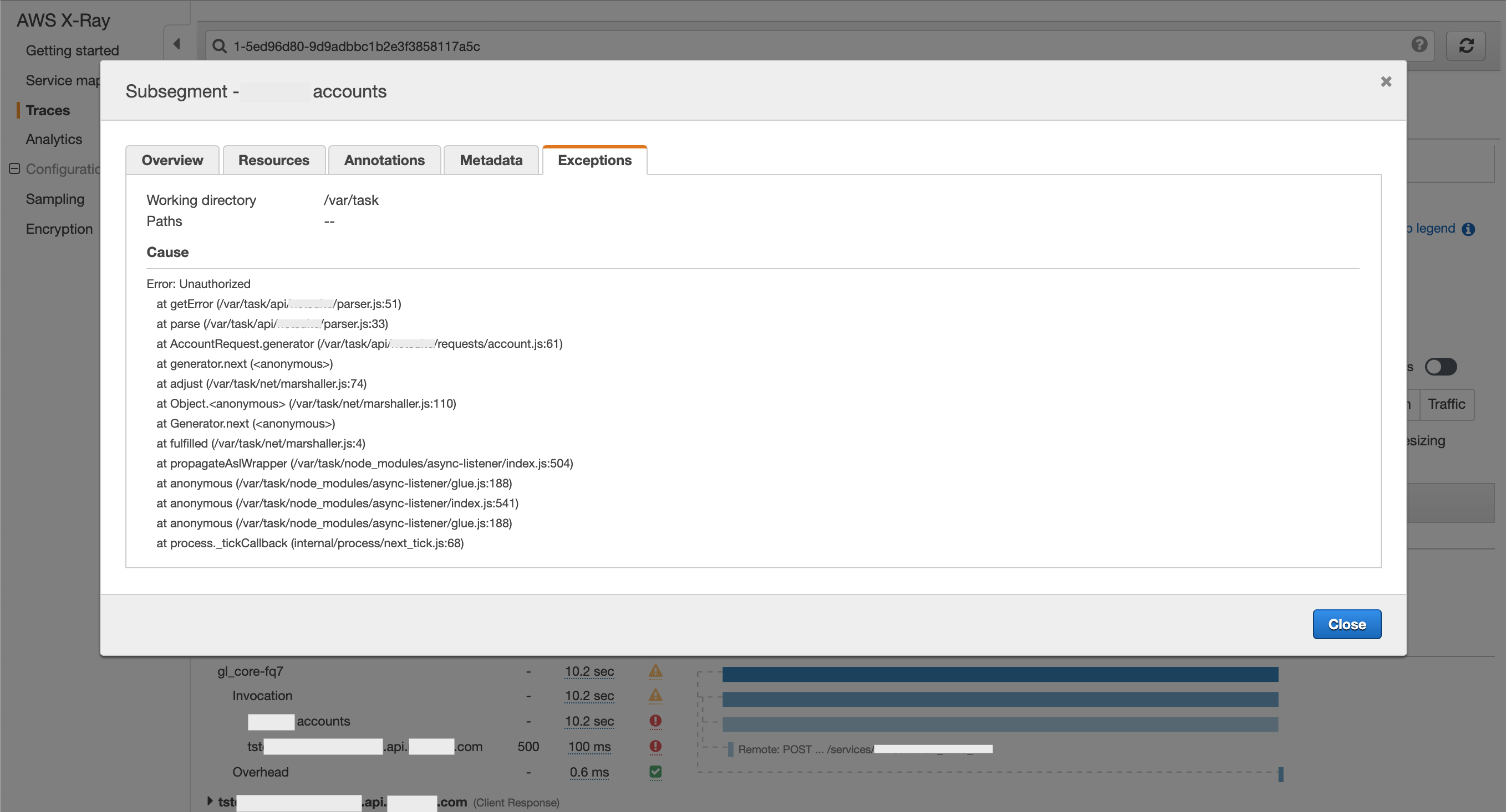 AWS X-Ray exceptions tab