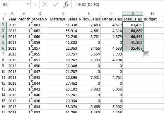 Click and drag the Data Fill box down to cell G6, then release.